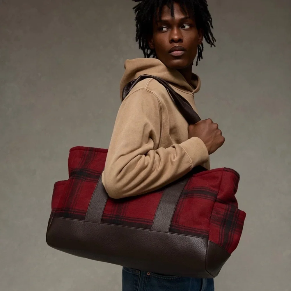 American Eagle Outfitters Red Plaid Duffel Tote with Brown Trim new